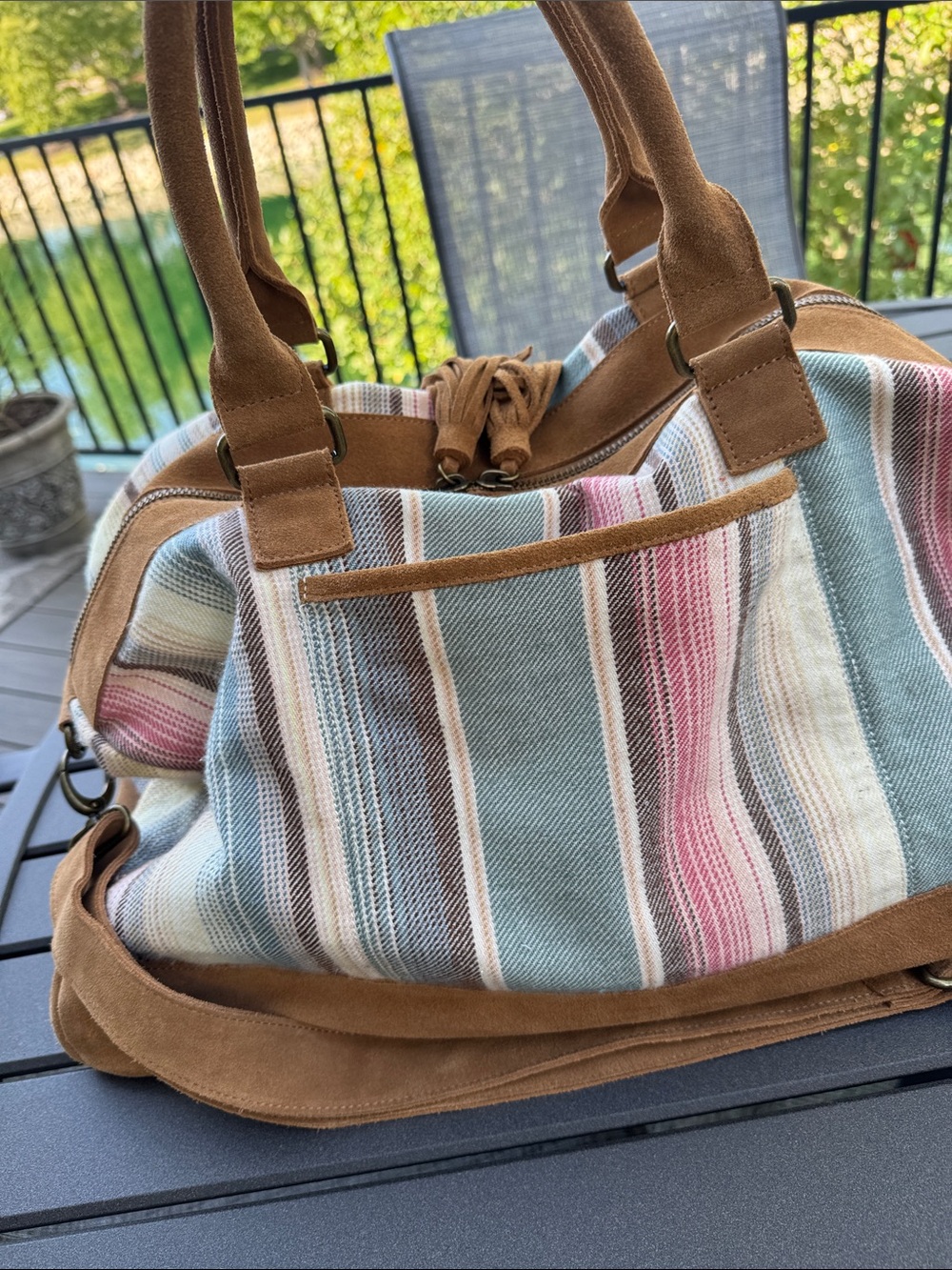 Pottery Barn Suede-Trim Striped Weekender - Tan & Pastel Stripes - Picture 3 of 15